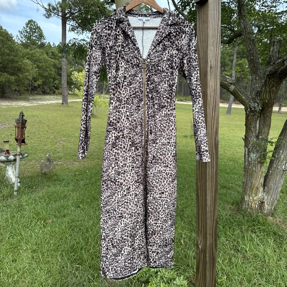 Emory Park Dress Womens Small Cheetah Bodycon Longsleeve Zipper Mid Length Slit